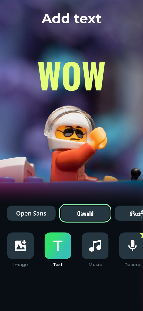 Stop Motion Animation Maker - レゴストップモーションビデオにテキストオーバーレイを追加する方法を示すストップモーションアプリのモバイルインターフェース
