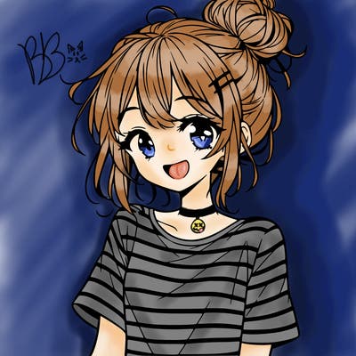 anime girl teenager striped shirt and smile and messy bun