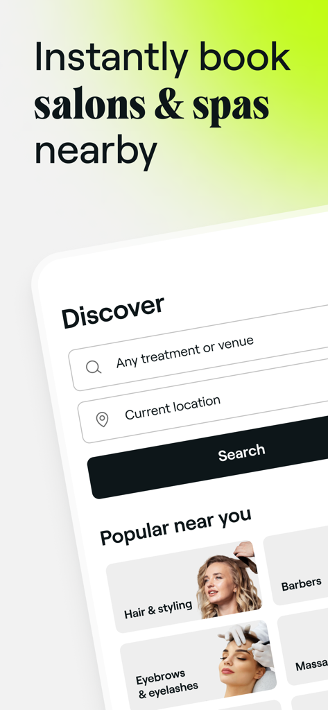 Fresha app search interface for instantly booking nearby salons and spas.