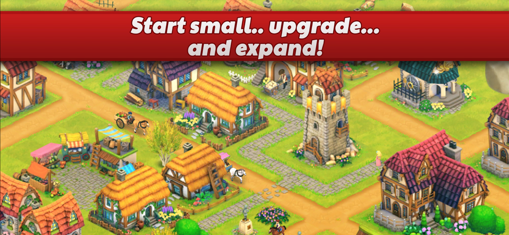 Zeichentrickdorf mit Häusern und einem Markt im Spiel Town Village mit dem Text 'Klein anfangen, aufrüsten und erweitern'