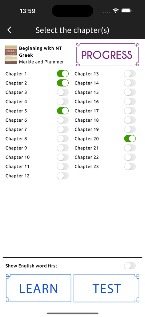 Interface for selecting chapters from the Beginning with NT Greek textbook to learn and test vocabulary.
