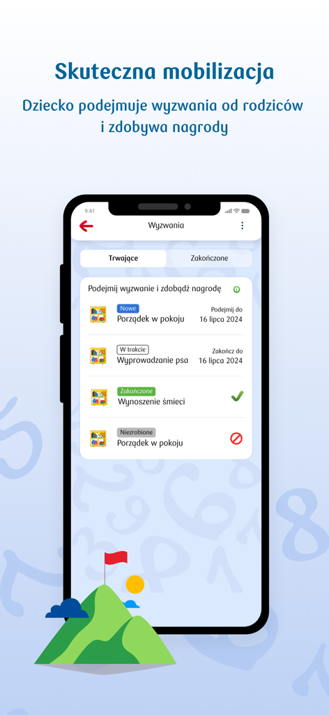 Screenshot of PKO Junior app showing tasks and rewards for children