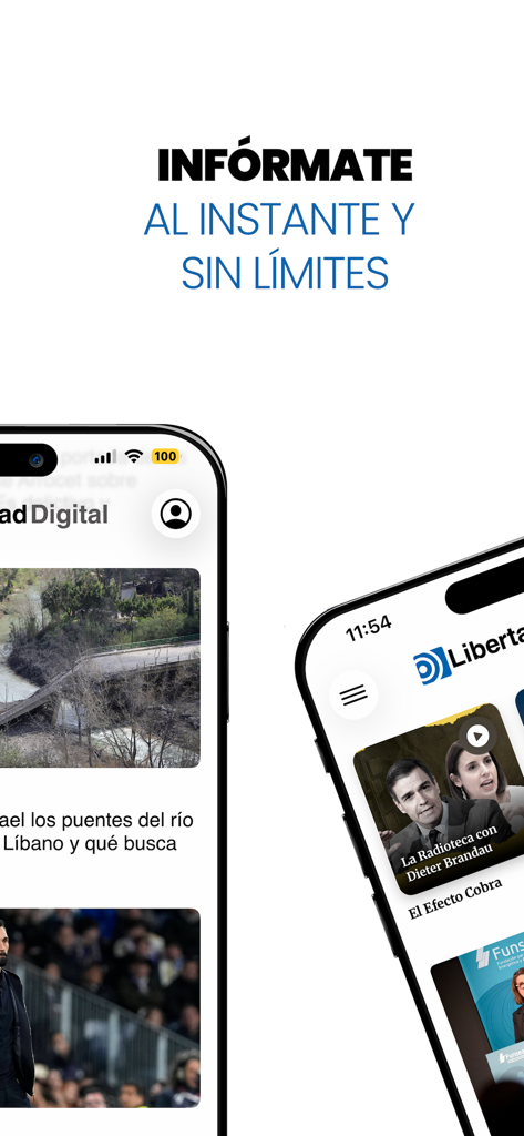 Libertad Digital - Libertad Digital mobile app interface displaying Spanish news articles and radio podcasts on two smartphones