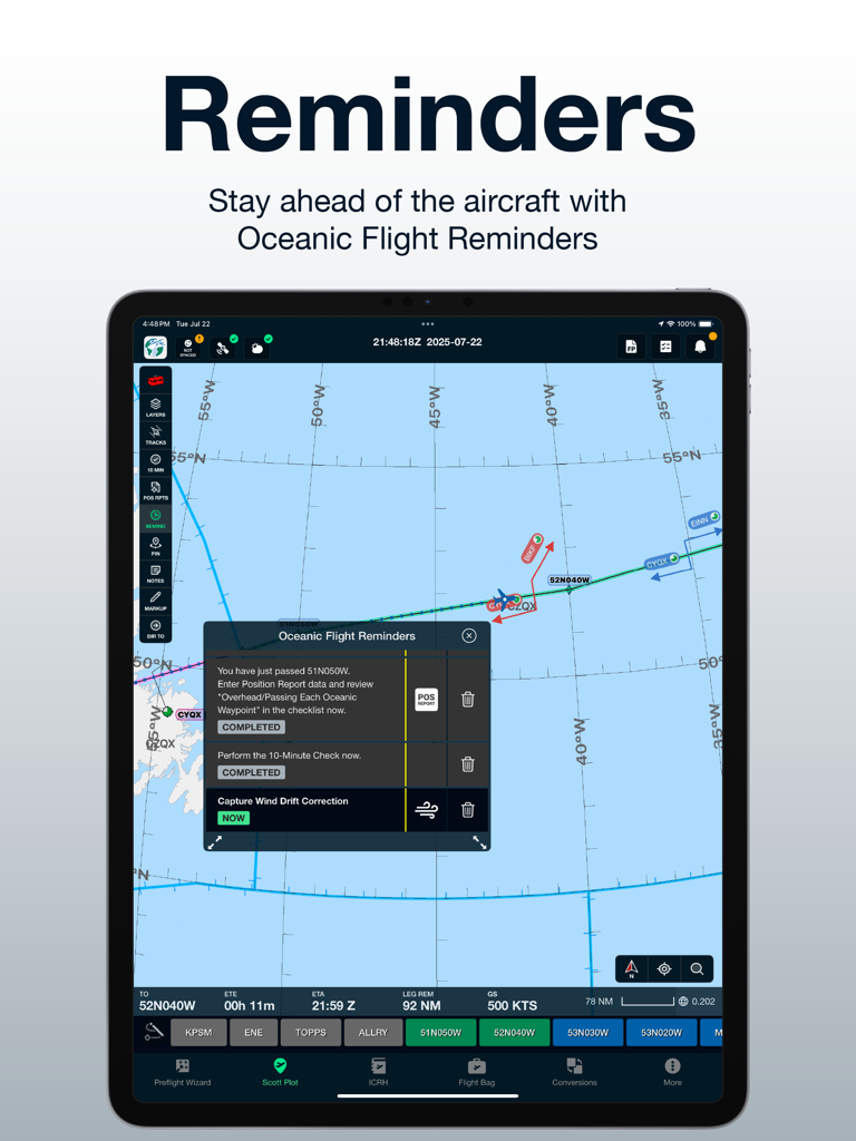 iPad interface showing Scott IPC oceanic flight reminders and navigation map