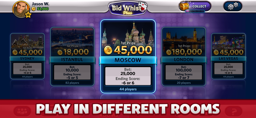 Bid Whist Plus game lobby showing different city-themed rooms with bet and prize info