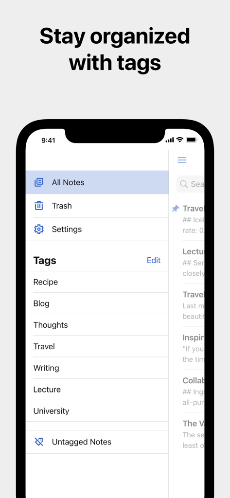 Simplenote - A screenshot of the Simplenote app showing the tags sidebar for organizing notes