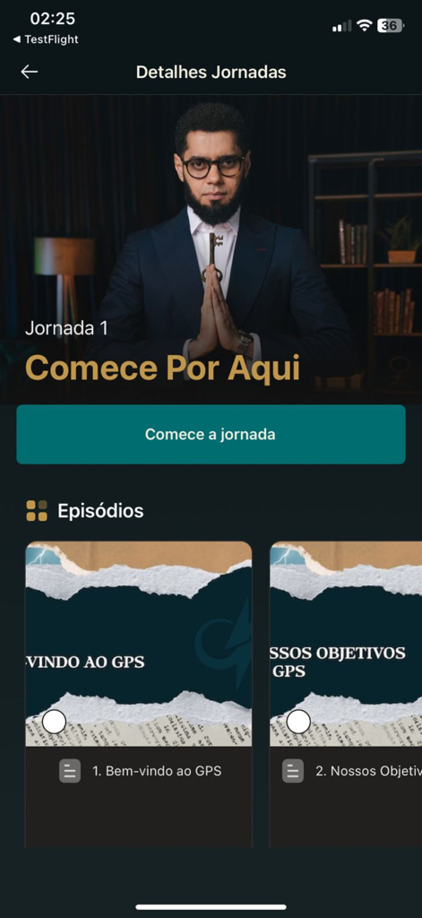 Marca Passosアプリの「ジャーニー1：ここから始める」画面。コーチとビデオレッスンが表示されています。