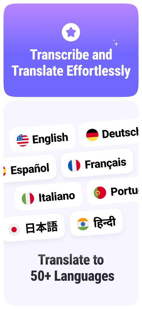 AI Meeting Note Taker - NoteAI - Interfaccia dell'app NoteAI che dimostra trascrizione e traduzione senza sforzo in oltre 50 lingue con vari badge linguistici
