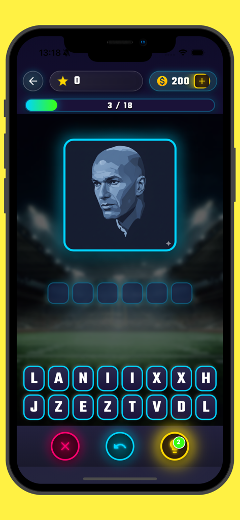 Football Quiz! Ultimate Trivia - Interface do jogo de trivia de futebol com um retrato de Zinedine Zidane para o usuário adivinhar o nome dele