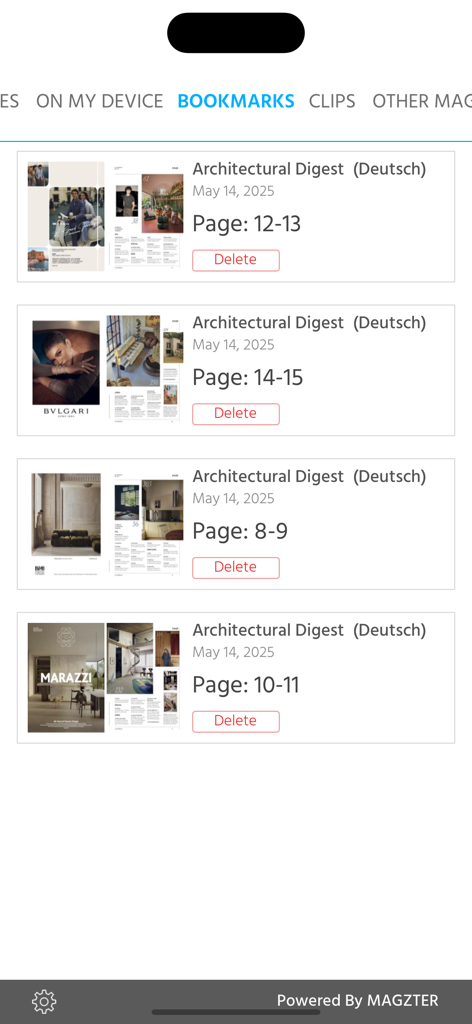 Architectural Digest (Deutsch) - 기사 미리 보기 및 페이지 번호를 보여주는 Architectural Digest Deutsch 잡지 앱에서 즐겨찾기에 추가된 페이지 목록.