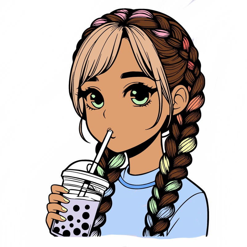 realistic girl with braided hair drinking boba