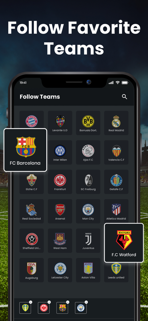 Interface of the Football Scoreboard app showing a grid of soccer team logos for users to select and follow their favorite clubs