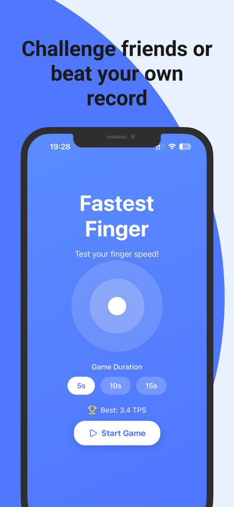 Finger Fast - Tap Speed Test - Oberfläche der Finger Fast App zeigt Optionen für den Tippgeschwindigkeits-Test und den Start-Button
