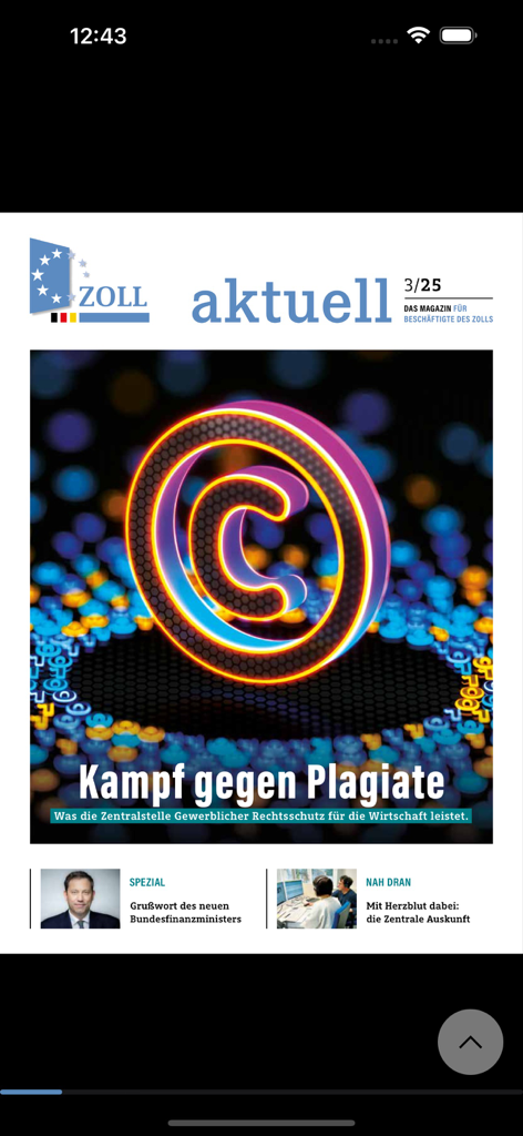 Digital magazine cover of Zoll aktuell showing an article about fighting plagiarism