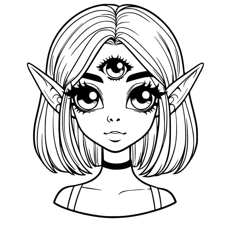 realistic girl with pointy ears and  three eyes