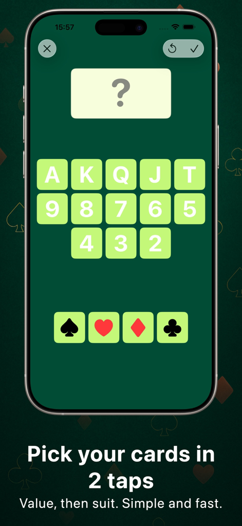 Poker Odds – Simulator - Interface de sélection de cartes rapide en deux clics dans l'application Poker Odds Simulator pour le Texas Hold'em