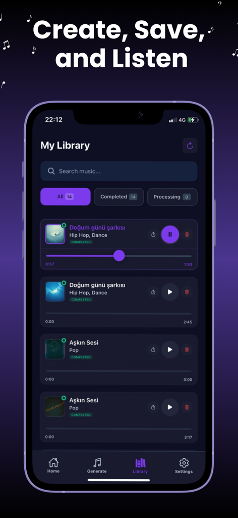 AI Music & Song Maker: SkyBeat - Interfaz de la aplicación SkyBeat que muestra la pantalla Mi Biblioteca con una lista de canciones generadas por IA y controles de reproducción