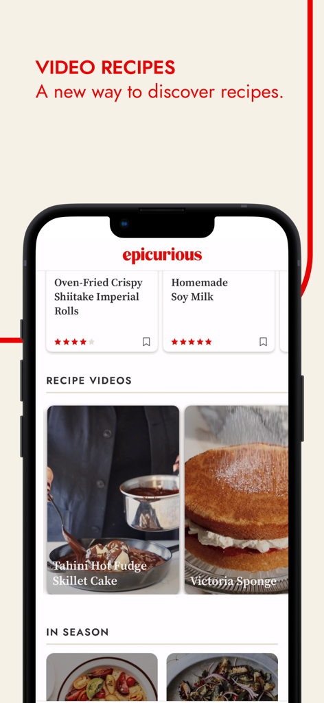 Epicurious app interface showing high quality video recipes for home cooks