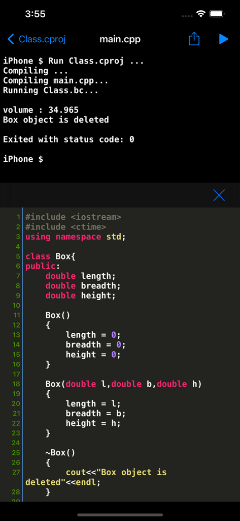 C++ Shell mobile app interface featuring a code editor and terminal output