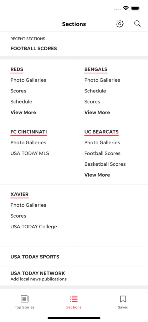Cincinnati Sports - The sections screen of the Cincinnati Sports app displaying categories for local teams including the Reds, Bengals, and UC Bearcats