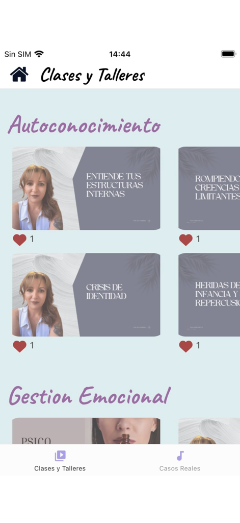 psicosinlimites - Mobile app screen for Psicosinlimites showing various mental health classes and workshops on self-knowledge and emotional management.