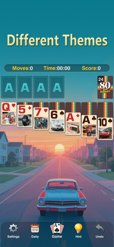 Zen Solitaire - Classic Card - Zen Solitaire mobile game showing a classic 80s retro theme with a sunset car background and vintage card designs