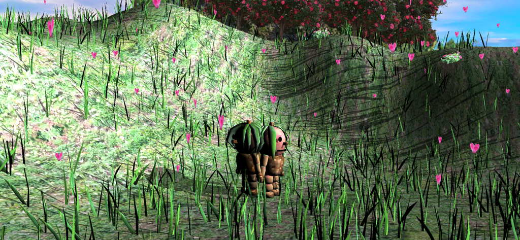 Dois personagens fofos de jogos indie em pé juntos em um campo gramado com flores cor-de-rosa