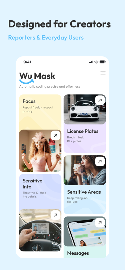 WuMask - WuMask mobile app interface showing auto blur categories for faces license plates and messages