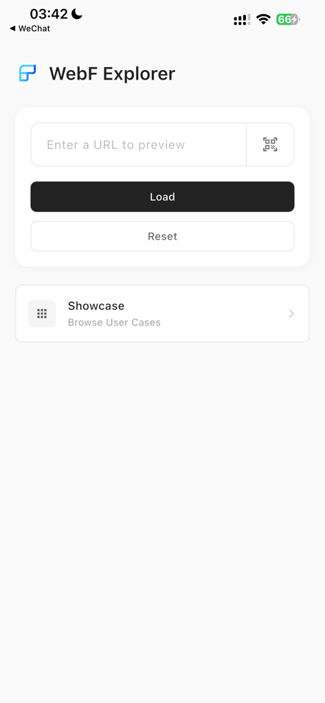 WebF Explorer interface with a URL input field and load button for previewing web content