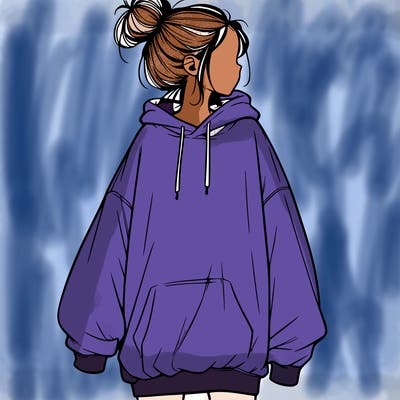 realistic girl with a oversized sweatshirt on and a bun