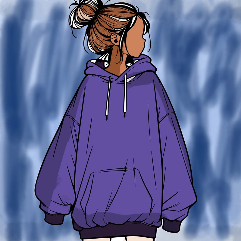 realistic girl with a oversized sweatshirt on and a bun