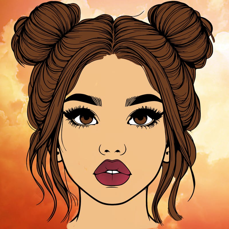 realistic girl with two buns on her hair and lips
