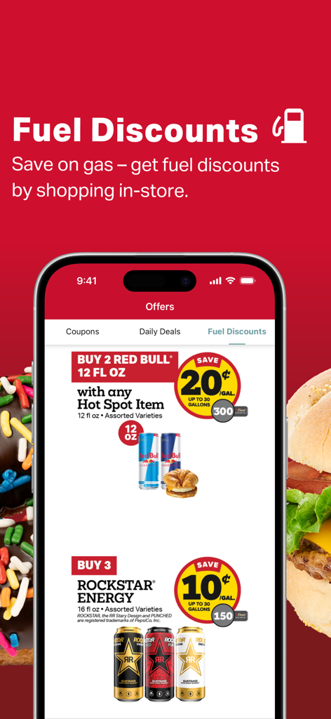 Kwik Rewards - Kwik Rewards app interface showing fuel discount offers for purchasing Red Bull and Rockstar energy drinks