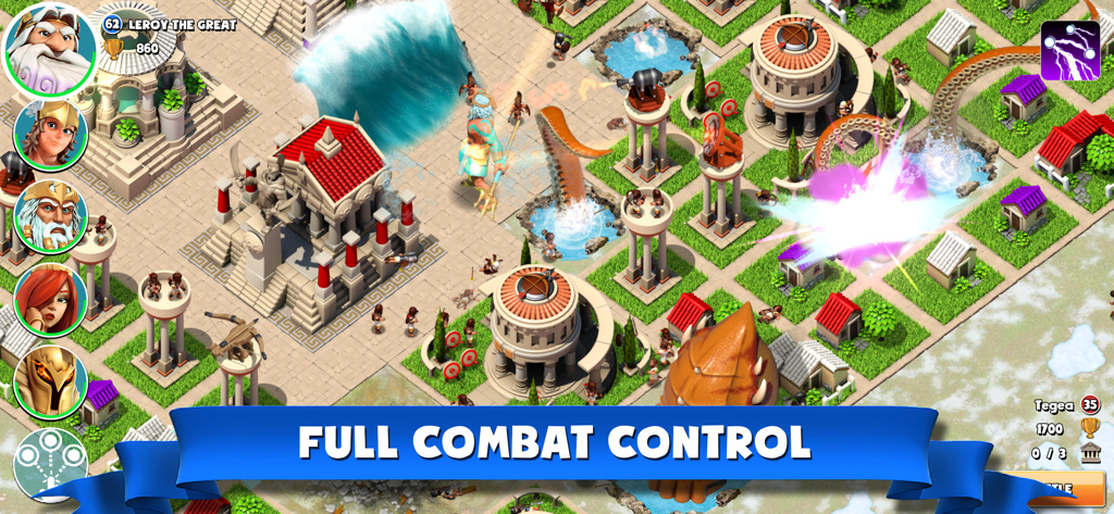 Gods of Olympus - Jogabilidade de combate em tempo real em Gods of Olympus com deuses gregos atacando uma cidade inimiga