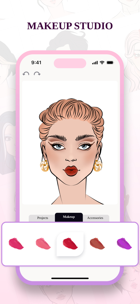MakeUp Artist Pocket Studio - Face chart digitale con design di trucco e palette di colori nell'app MakeUp Artist Pocket Studio.