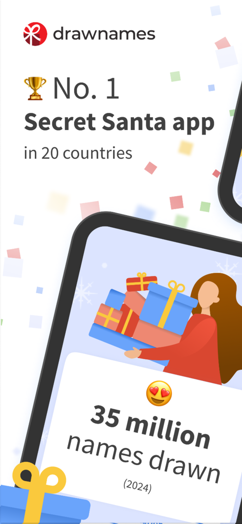 drawnames | Secret Santa app - La app de Amigo Invisible de drawnames clasificada como número 1 en 20 países con 35 millones de nombres sacados