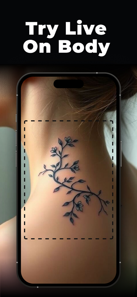 AI Tattoo Generator - TattooAI - ARテクノロジーを使用して首に花のつるのタトゥーのプレビューが表示されているスマートフォンの画面。