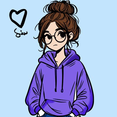 teen girl with a messy bun and glasses wearing a loose hoodie and jeans