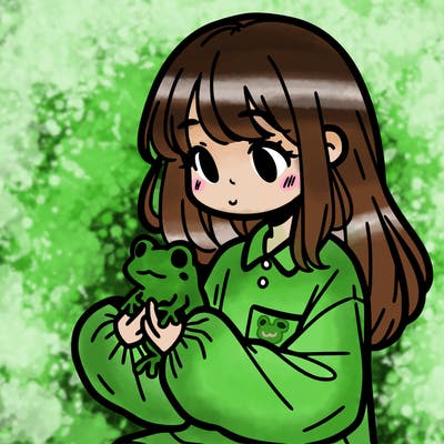 girl with long hair and a oversized shirt. and she is holding a frog