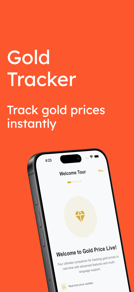 Gold Price Tracker & Alerts - Pantalla de bienvenida de la aplicación Rastreador de precios de oro y alertas mostrada en un teléfono inteligente con un fondo naranja brillante