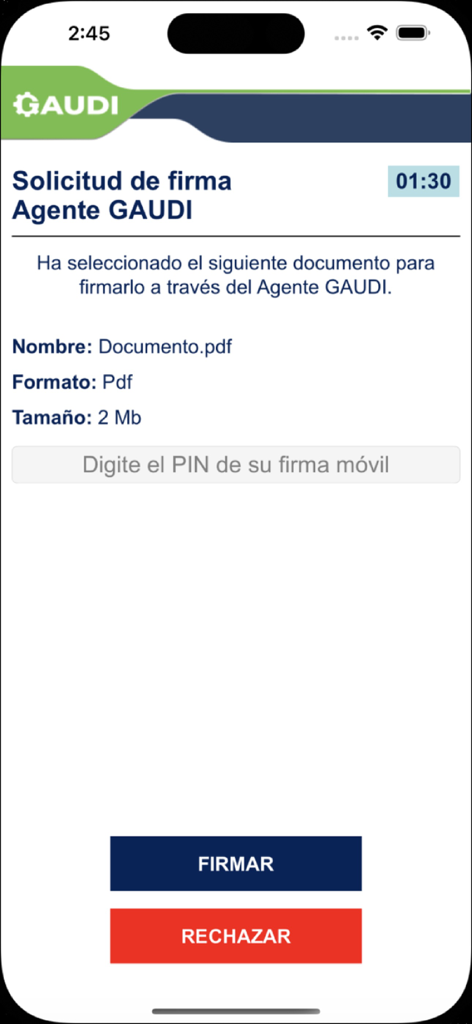 GAUDI Móvil - Écran de demande de signature dans l'application GAUDI Movil montrant les détails du document et le bouton de signature