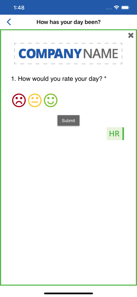 Internal employee pulse survey screen in the SnapComms app with mood rating emojis and a submit button.