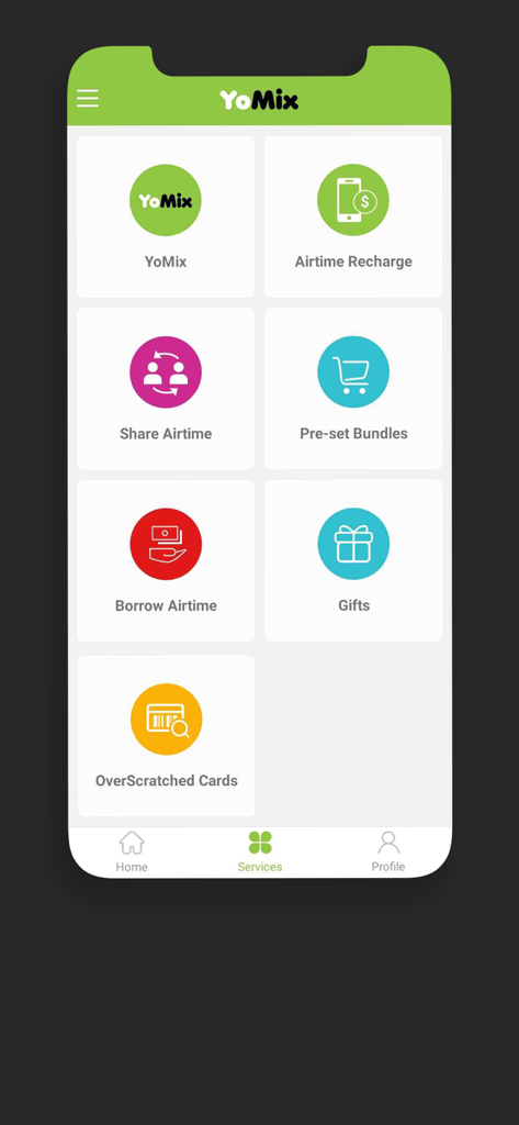 Econet YoMix - Econet YoMix app services screen showing options for airtime recharge share airtime and pre-set bundles