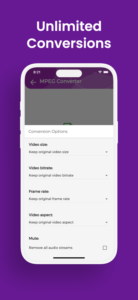 MPEG Converter, MPEG to MP3 - Interfaz de la aplicación Convertidor de MPEG que muestra opciones personalizadas de conversión de video para el tamaño de la tasa de bits y la velocidad de fotogramas