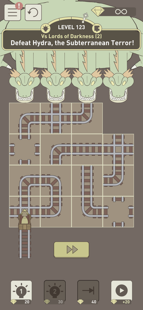 IQ Dungeon 2: Inherited Light - Level 123 of IQ Dungeon 2 featuring a train track logic puzzle to defeat a multi-headed hydra boss.