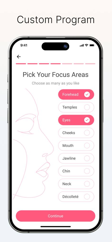 FaceTone: Face Fitness & Yoga - FaceTone app interface for choosing personalized face fitness focus areas such as forehead and eyes