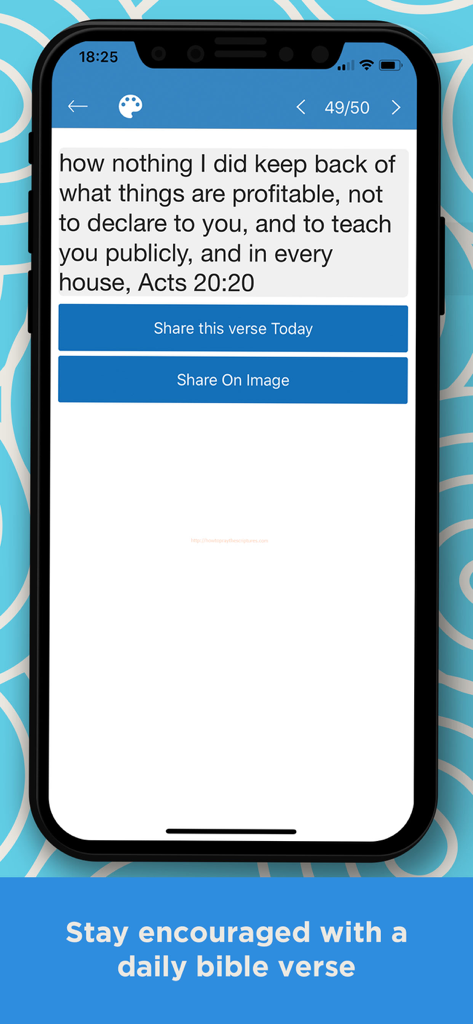 Young Literal Bible -YLT Bible - Pantalla móvil de la aplicación YLT Bible mostrando un versículo diario de Hechos 20:20 con opciones para compartir como texto o imagen