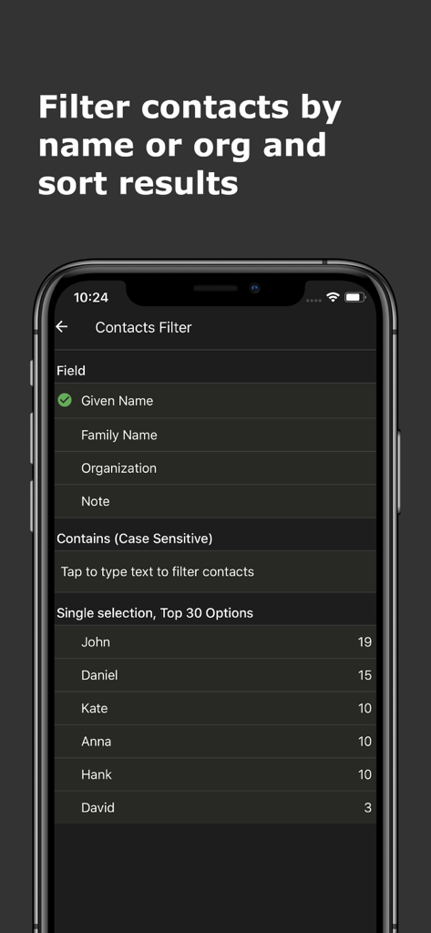 Export Contacts - Easy Backup - Interface showing the contact filter options by name or organization and result sorting in the app.