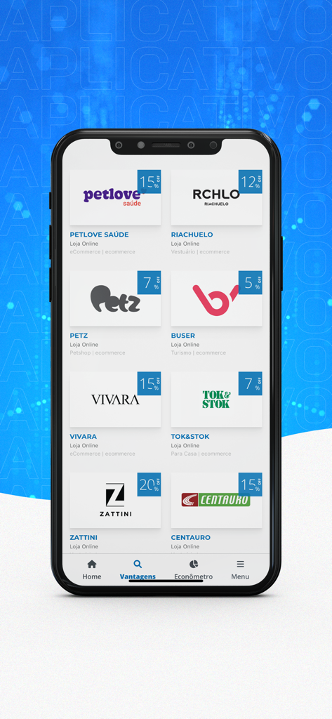Clube Plis - Tela do aplicativo móvel Clube Plis exibindo vários descontos de varejo e vantagens de compras