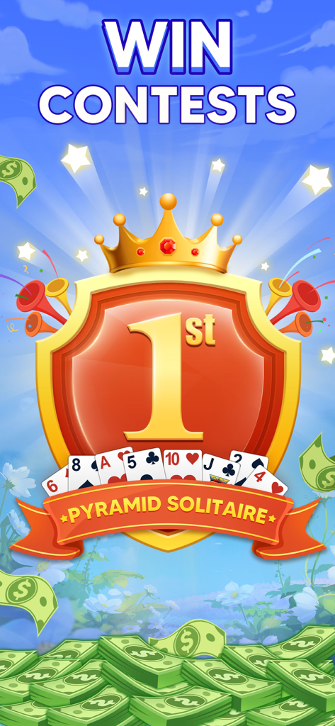 Pyramid Solitaire: Win Cash - Pyramid Solitaire mobile game screen showcasing first place victory and cash prizes